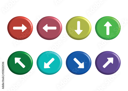 arrows in different directions on 3d colored buttons isolated on white background