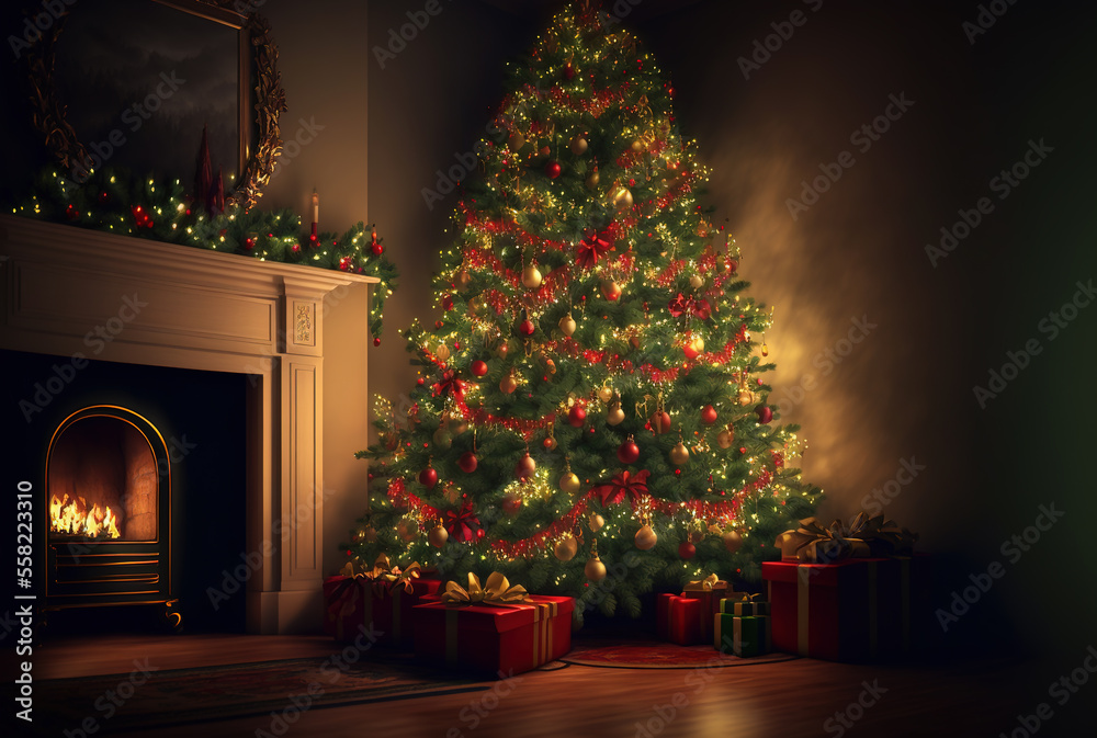 Christmas tree in a room with fireplace, gifts, candles, garlands. Decorated New Year interior. Festive atmosphere.