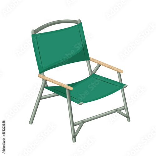 Folding portable green camping chair. Folding picnic chair icon, insulated on white background. Vector illustration. Cartoon.