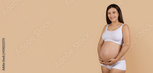 Pregnant Young Happy Woman Touching Her Belly And Smiling At Camera © Prostock-studio