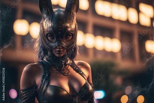 Woman in black latex fetish bunny outfit. Big city bokeh background. Generative AI. Not Based on a Real Person.