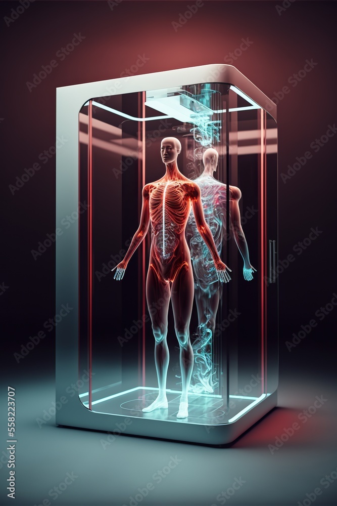 Human form anatomy, encased in hightech medical pod, in a future