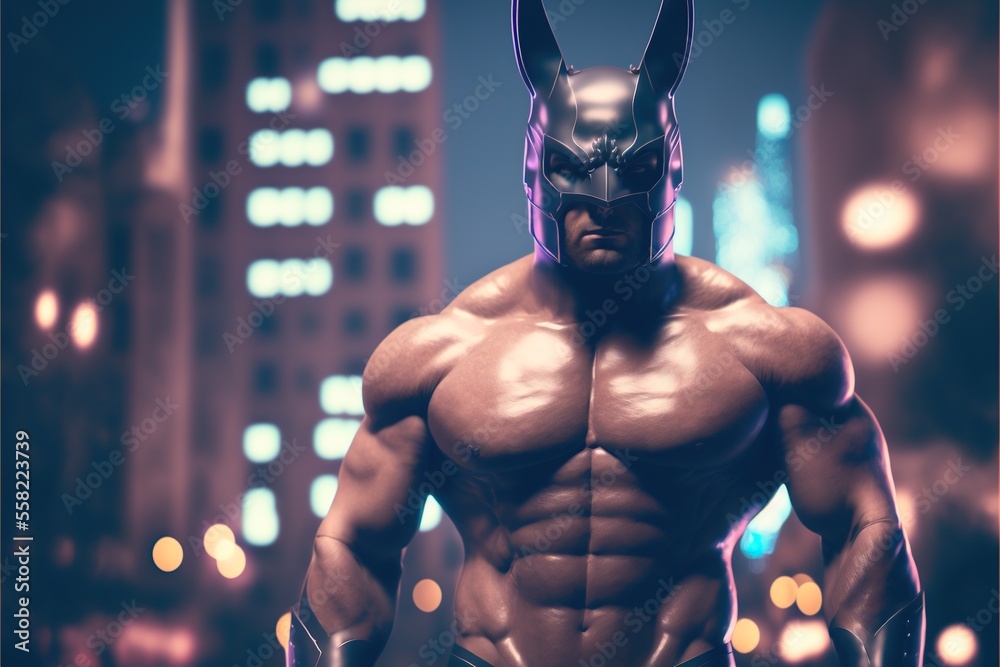 Muscular male model bodybuilder shows off muscles while wearing fetish latex bunny mask in the big city streets