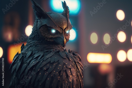 Humanoid mutant owl man, black night city bokeh background photo