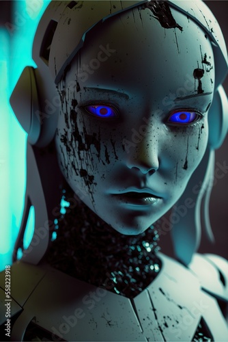 Sad broken android humanoid robot in the dystopian future. Generative AI.