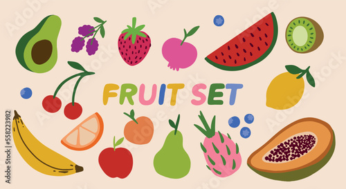 Cute Fruit Hand-Drawn Set Illustration Fuits Food Tropical Collection