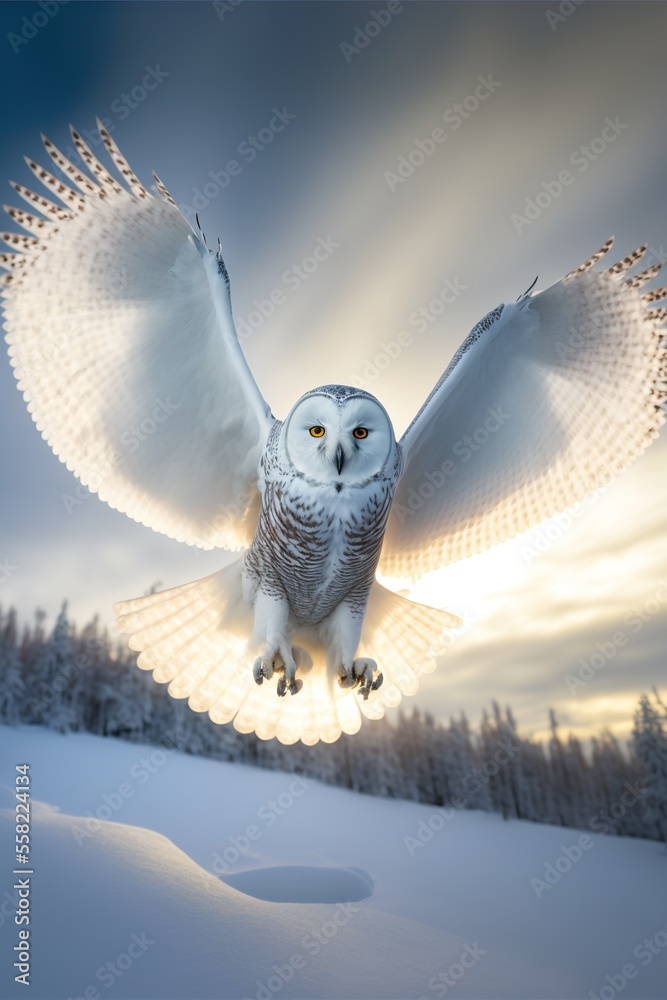 Fototapeta premium Beautiful flying snow owl in epic winter scenery