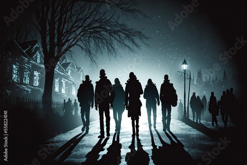 A group of people walking down a street at night, scary shadow people, zombie horde.