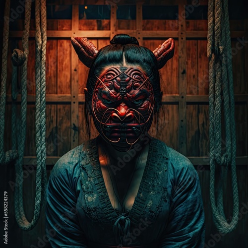 Scary Asian woman wearing oni mask over face. Generative AI. photo