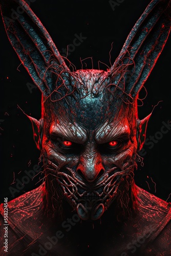Scary horror bunny man character. Evil dark murderous male demon creature. Dripping bloody face. Isolated on black background.