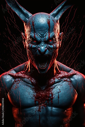 Scary horror bunny man character. Evil dark murderous male demon creature. Dripping bloody face. Isolated on black background.