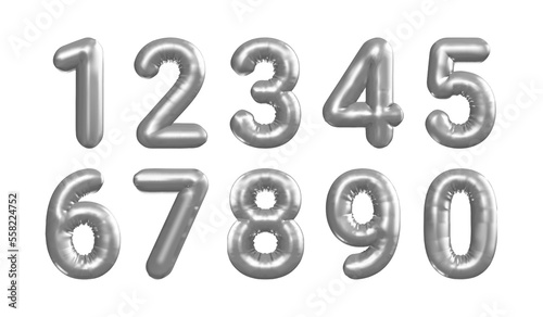 Silver numbers inflated balloon. 3D foil balloons with helium for holidays, events, birthdays, parties and weddings. Realistic vector design elements