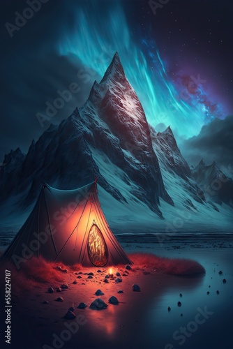 Tent in front of dramating mountain landscape under the Northern lights.