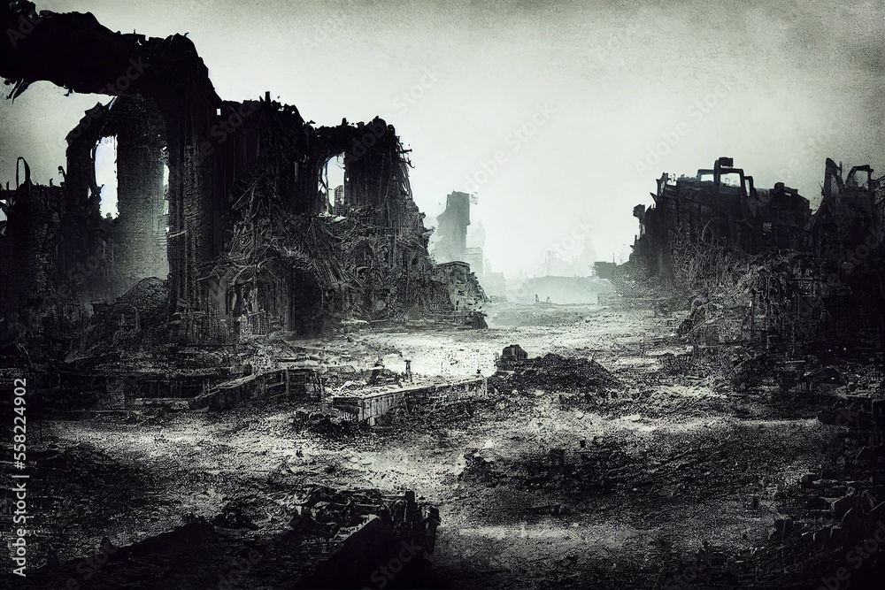 half submerge city ruins, destroyed by war . Apocalypse battlefield aftermath ruins. Designed using generative ai.  - obrazy, fototapety, plakaty 