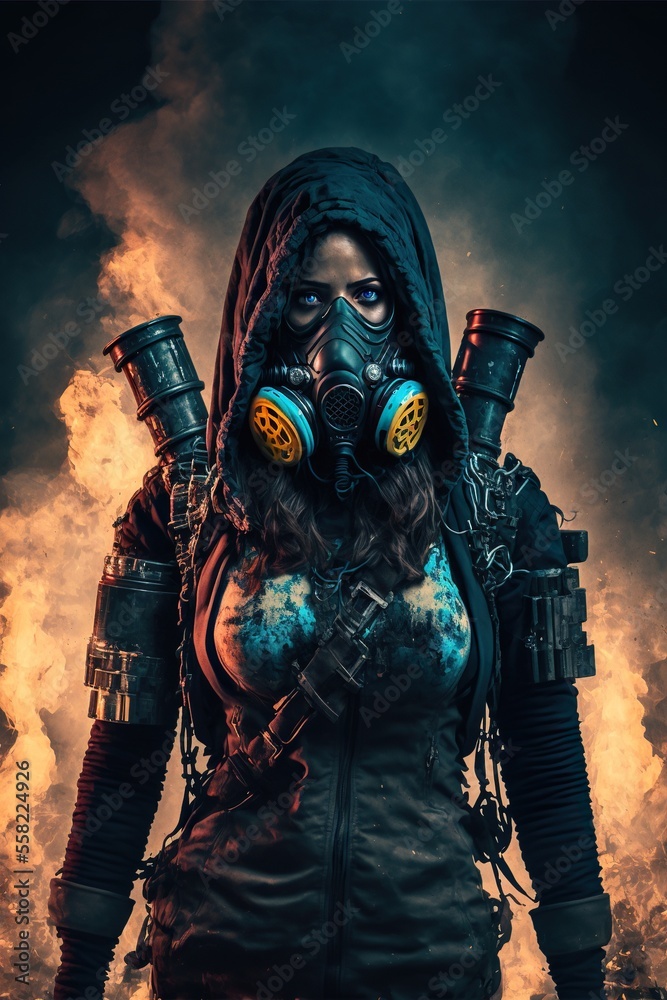 Hot apocalypse woman with gasmask in the apocalypse fire, hooded gas mask female. Generative AI.