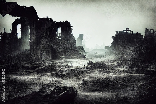 half submerge city ruins, destroyed by war . Apocalypse battlefield aftermath ruins. Designed using generative ai. 