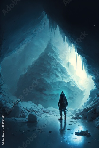 An arctic explorer inside a glacier cave
