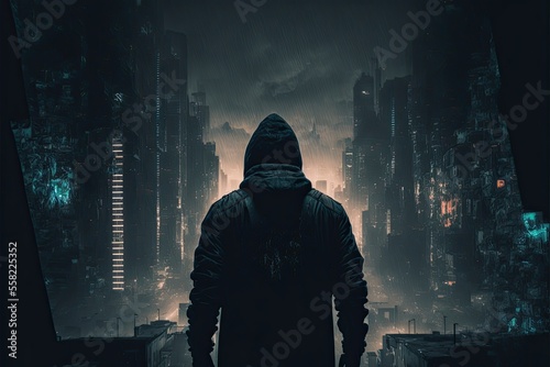 Silhouette of a man looking out on cyberpunk night city scenery