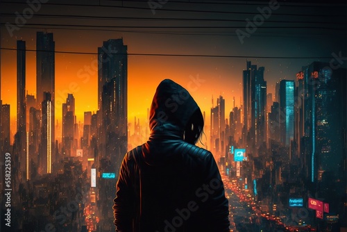 Silhouette of a man looking out on cyberpunk night city scenery