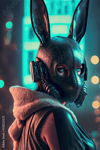 Woman in black latex fetish bunny outfit. Big city bokeh background.