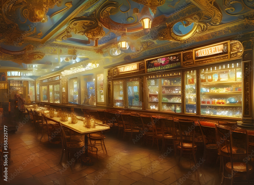 The interior of an old fashioned ice cream  parlour with ices displayed in illuminated cabinets and ornate decor. generative ai illustration.
