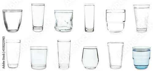 Many different glasses of water on white background