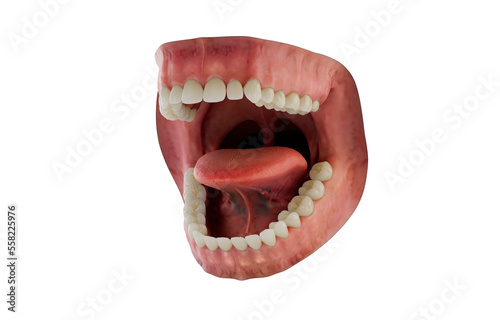Photorealistic human mouth. 3D illustration. Caries damage. Bacterias and viruses around the tooth. Isolated background.