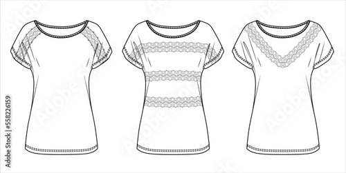 Vector short sleeved blouse fashion CAD, woman jersey top with lace trim details technical drawing, summer round neck t-shirt sketch, template.Jersey or woven fabric top, front, back view, white color