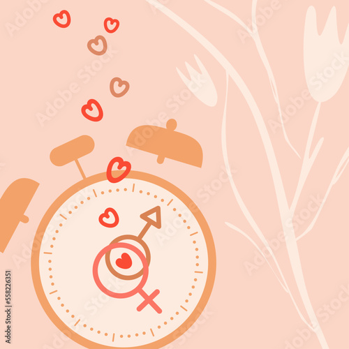 Alarm clock ringing reminds about expression in a romantic relationship. Time for love and Valentine's day abstract concept. Trendy hand-drawn vector flat cartoon illustration.