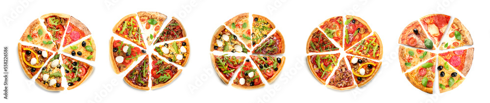 Many slices of different tasty pizzas isolated on white, top view Many slices of different tasty pizzas isolated on white, top view