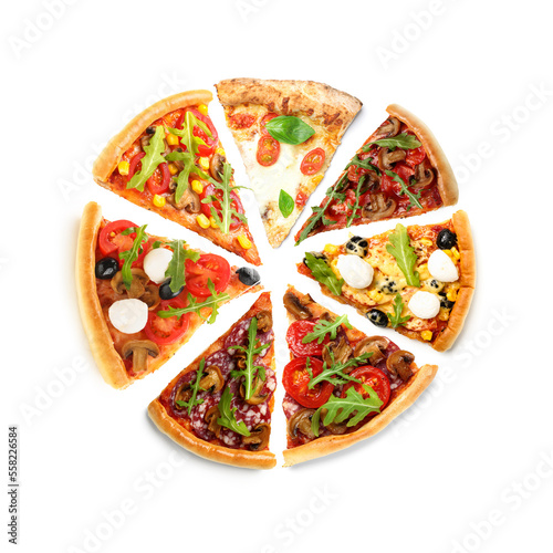 Slices of different tasty pizzas isolated on white, top view