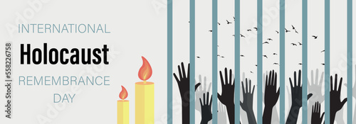Banner for International Holocaust Remembrance Day with candles and many human hands 
