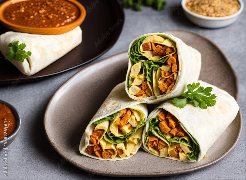 homemade tortilla wraps with chicken, vegetables and cheese on a wooden background. selective focus. homemade tortilla wraps with chicken, vegetables and cheese on a wooden background. selective focus.