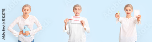 Collage of young woman with menstrual calendar, pad, tampon and water bag on light background