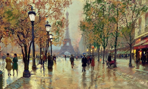 Paintings lndscape, blossom in spring, artwork, fine art. Spring in Paris, a beautiful old street, flowering trees, the Eiffel Tower in the distance. Completely fictional plot. © yaroslavartist
