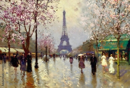 Paintings lndscape, blossom in spring, artwork, fine art. Spring in Paris, a beautiful old street, flowering trees, the Eiffel Tower in the distance. Completely fictional plot.