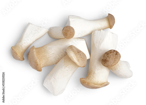 Heap of fresh king oyster mushrooms on white background