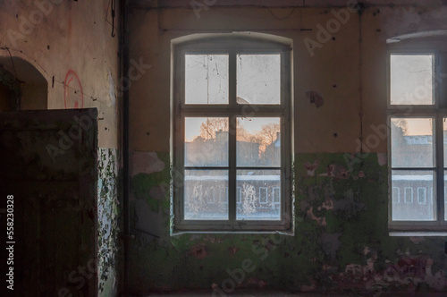 Old abandoned haunted red brick factory of stockings  pantyhose and socks in Central Europe  Poland