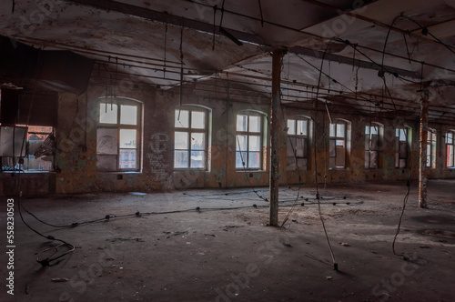 Old abandoned haunted red brick factory of stockings, pantyhose and socks in Central Europe, Poland © Arkadiusz