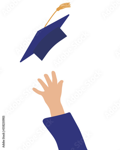 Human hand throwing graduation cap. Vector illustration.