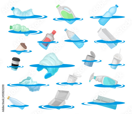 Plastic pollution trash floating on water surface set. Polluted ocean cartoon vector