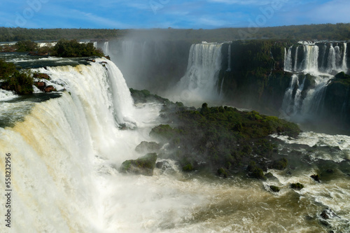 iguazu falls seen from the brazilian side in distant angles diablo throat and with its waterfalls and its vegetation