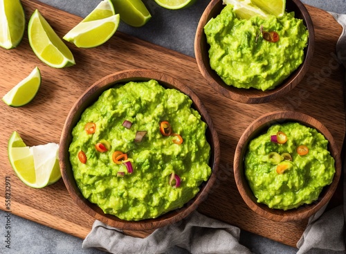 guacamole with nachos and salsa sauce on grey background