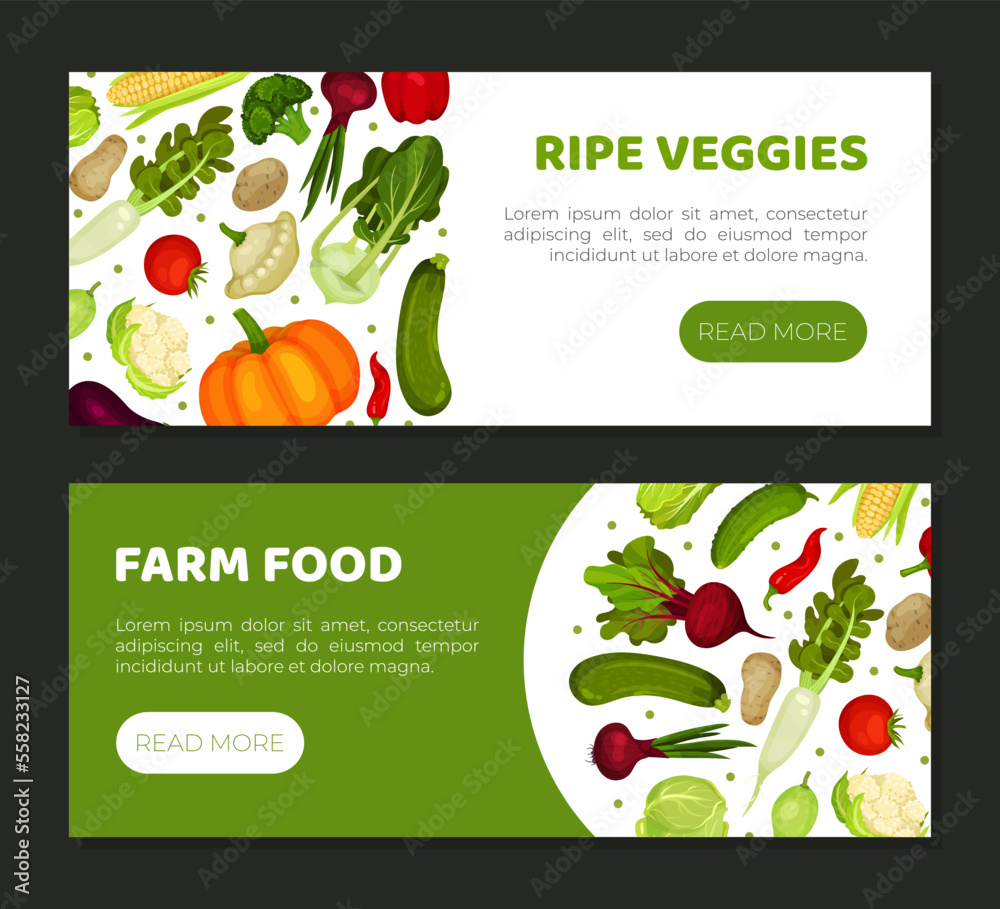Farm food landing page template. Fresh organic ripe veggies horizontal web banner, homepage design cartoon vector