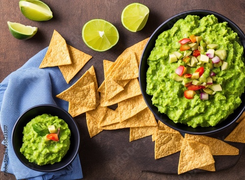 guacamole with nachos and salsa sauce on grey background