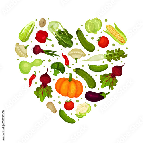 Fresh vegetables in heart shape. Farm organic healthy food banner, poster, card design template cartoon vector