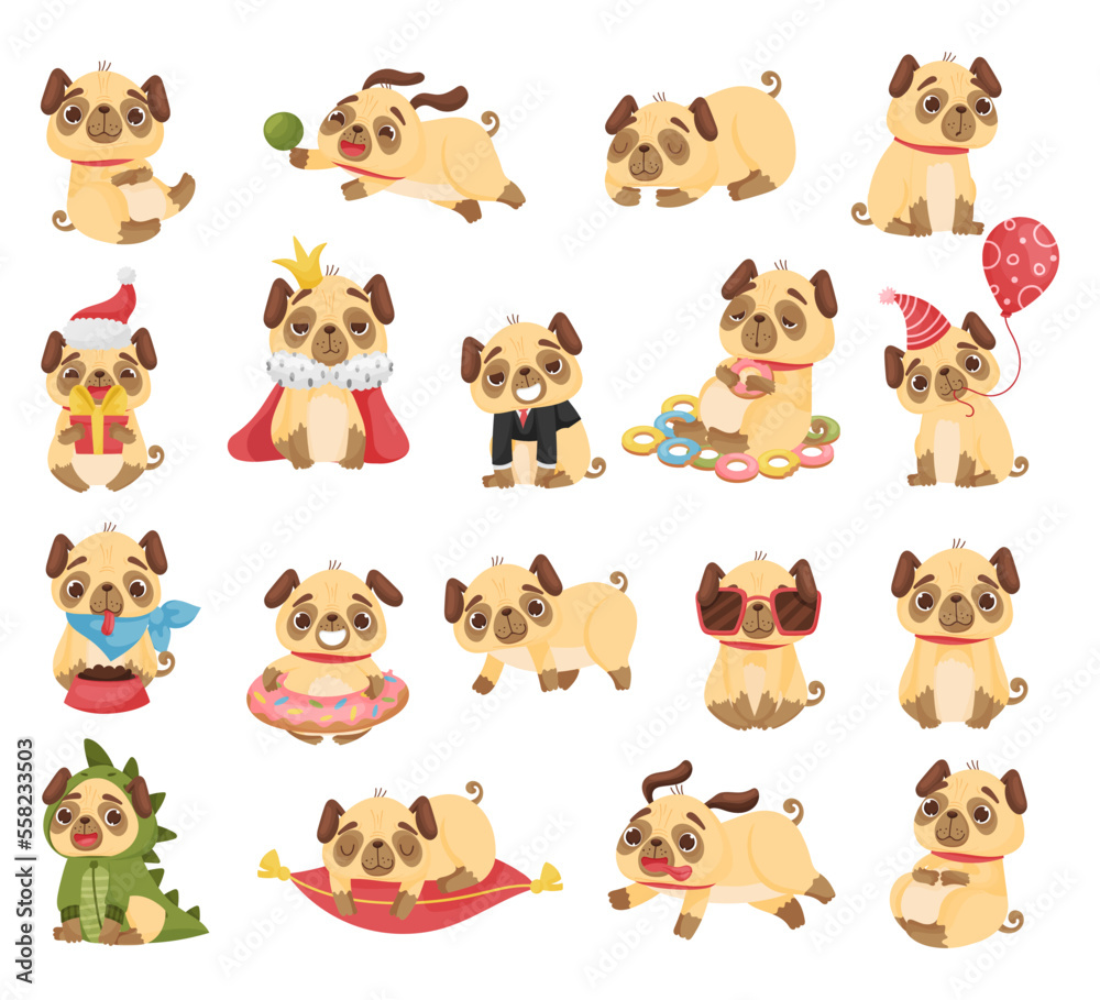 Fototapeta premium Pug dog puppies characters set. Adorable cute beige puppy pet animal in funny costumes set cartoon vector