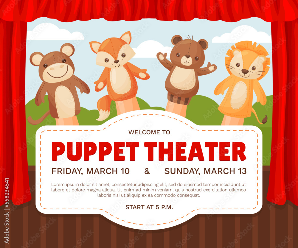 Fototapeta premium Cute Puppet Animal Toys on Hand as Theater Performance Invitation Card Vector Template