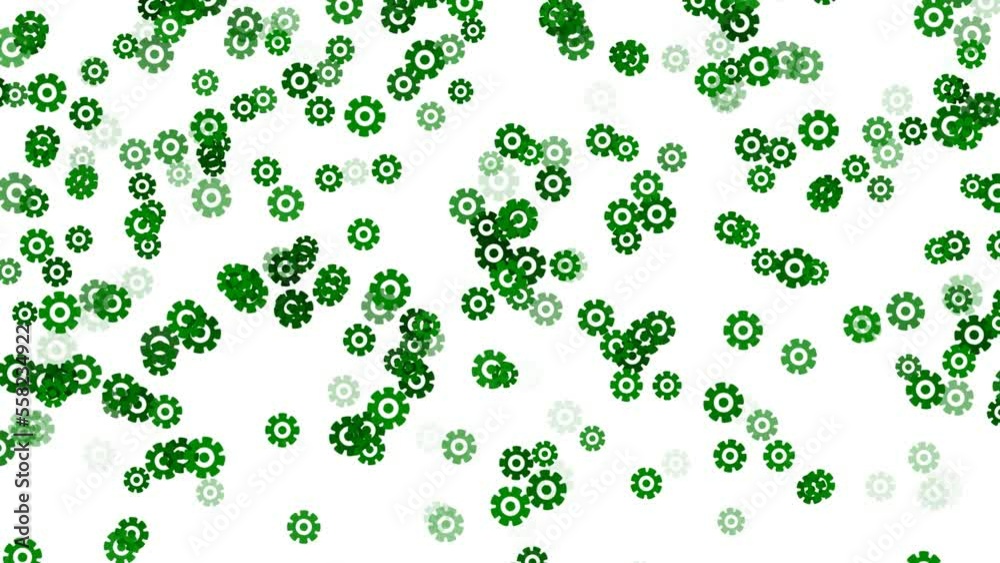 Abstract green gears rotate looping up on white background. Background for car service station. Industrial concept. Abstract festive backdrop for advertise text. Transparent Alpha channel 3D render Abstract green gears rotate looping up on white background. Background for car service station. Industrial concept. Abstract festive backdrop for advertise text. Transparent Alpha channel 3D render