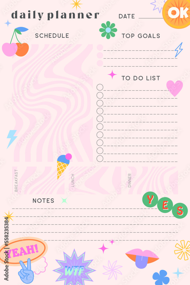 Vector daily planner template with funny y2k patches,icons and emblems.Organizer and schedule with place for goals,to do list,notes.Trendy 90s groovy aesthetic.Abstract modern design.